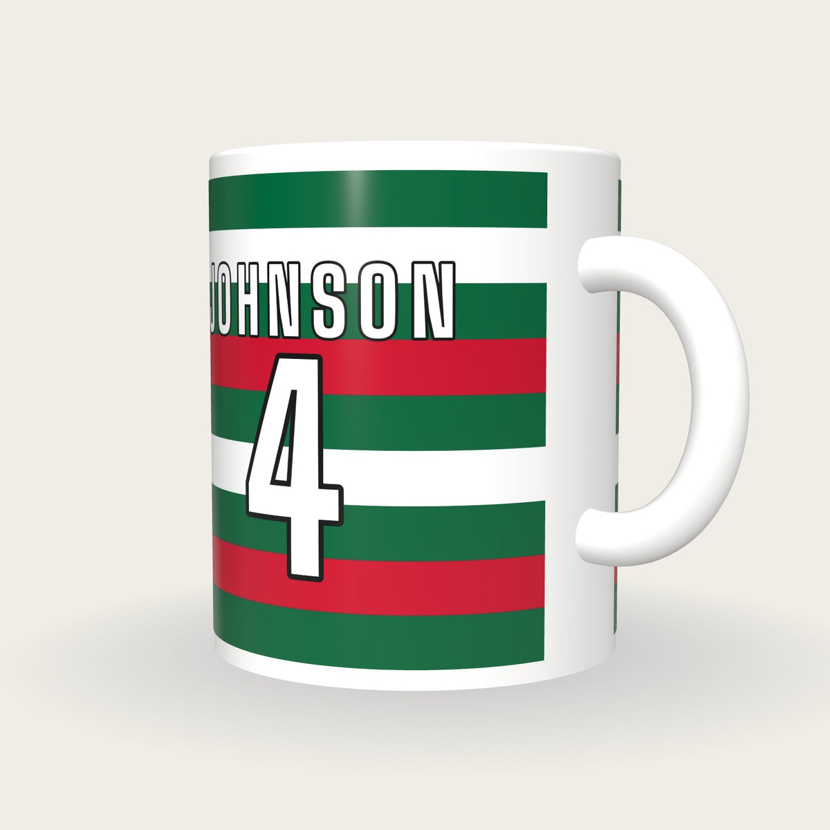 Personalised Green, Red and White Hoops Rugby Shirt Mug, three-quarter view