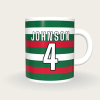 Personalised Green, Red and White Hoops Rugby Shirt Mug, front