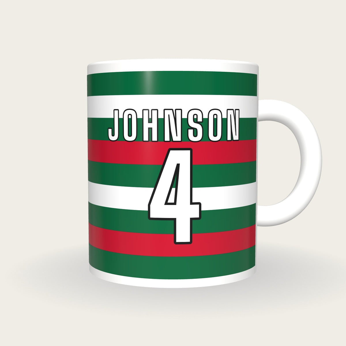 Personalised Green, Red and White Hoops Rugby Shirt Mug, front