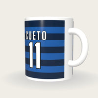 Personalised Navy and Royal Blue Hoops Rugby Shirt Mug, three-quarter view