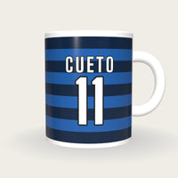 Personalised Navy and Royal Blue Hoops Rugby Shirt Mug, front