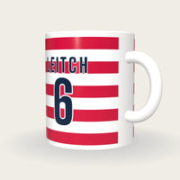 Personalised Red and White Hoops Rugby Shirt Mug, three-quarter view