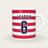 Personalised Red and White Hoops Rugby Shirt Mug, front