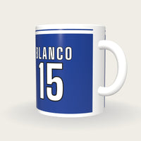 Personalised Royal Blue and White Rugby Shirt Mug, three-quarter view