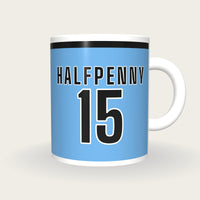 Personalised Sky Blue and Black Rugby Shirt Mug, front