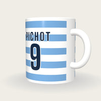 Personalised Sky Blue and White Hoops Rugby Shirt Mug, three-quarter view