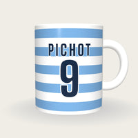 Personalised Sky Blue and White Hoops Rugby Shirt Mug, front
