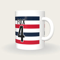 Personalised White, Navy and Red Hoops Rugby Shirt Mug, three-quarter view