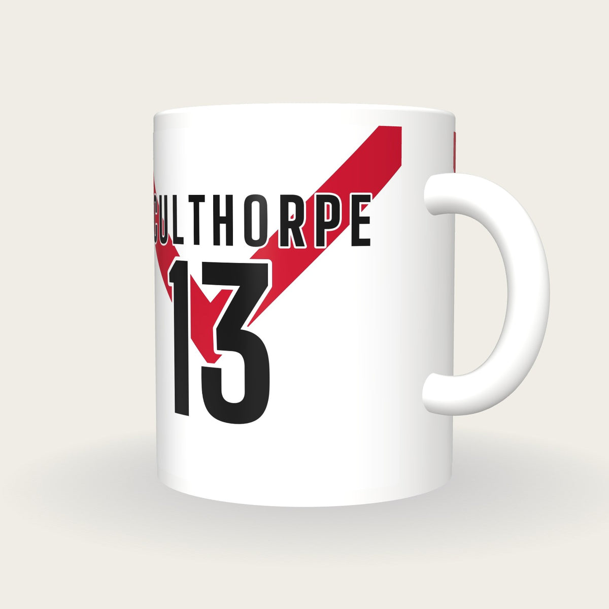 Personalised White with Red Chevron Rugby Shirt Mug, three-quarter view