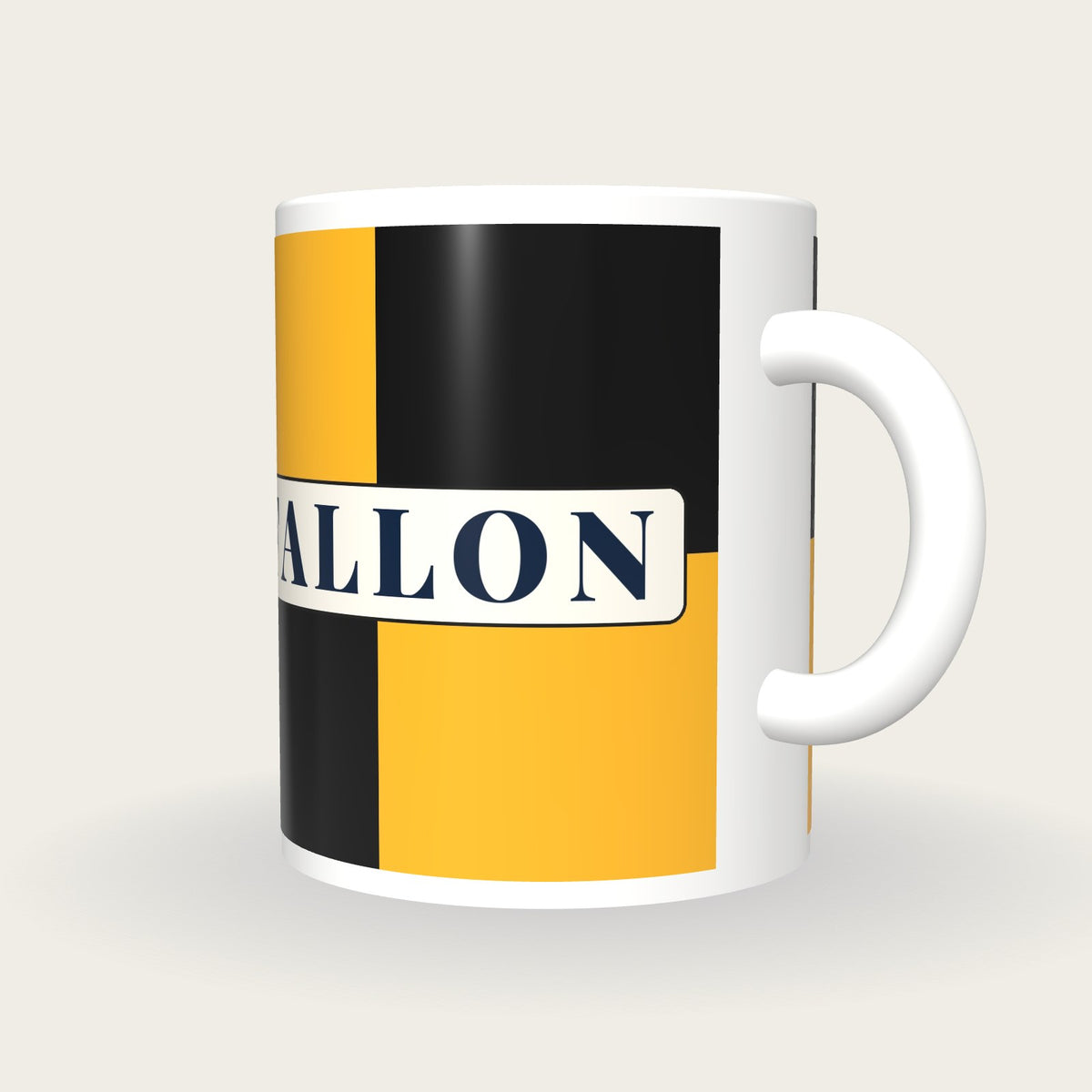 Personalised Black and Gold Quarters Jockey Silks Mug, three-quarter view