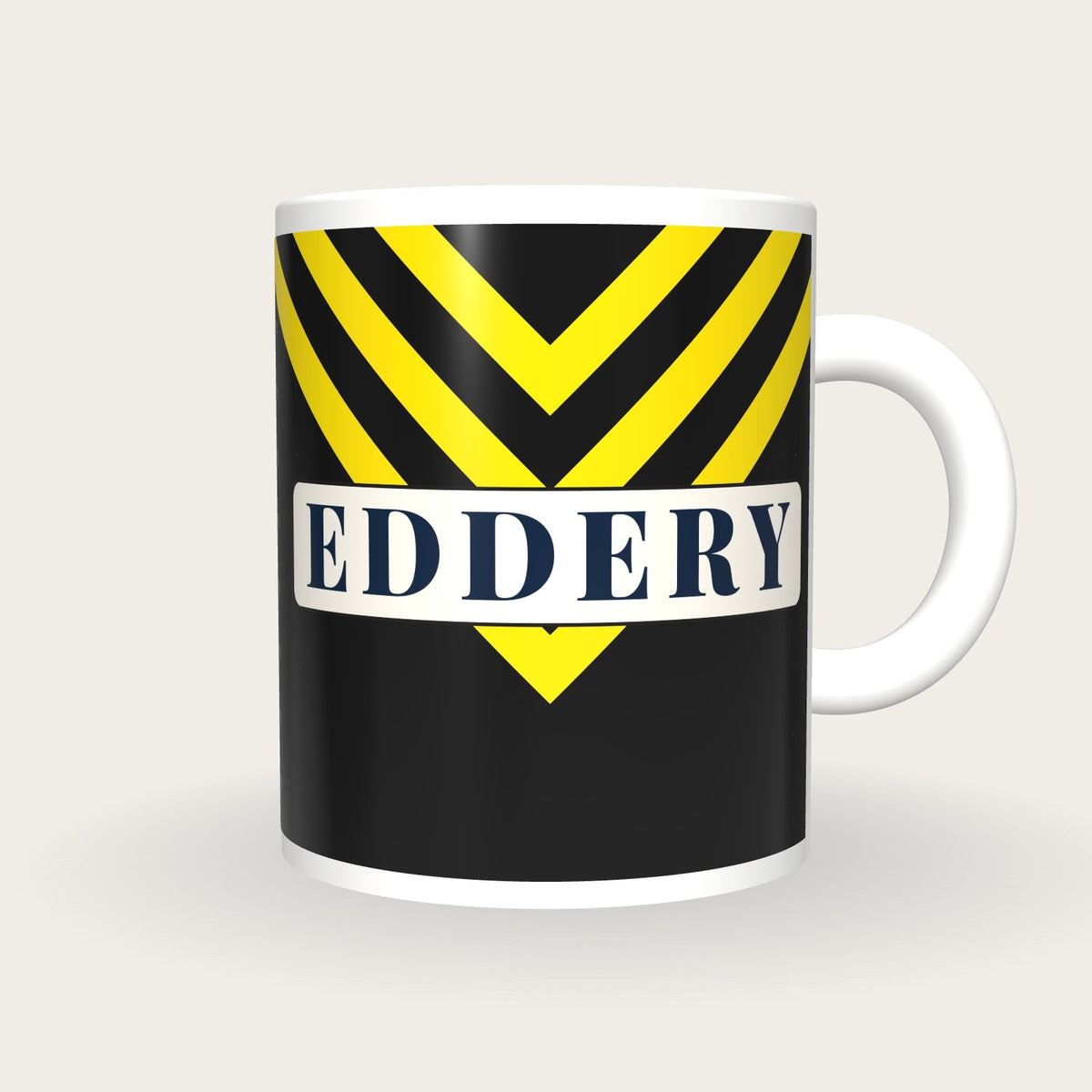 Personalised Black and Yellow Chevrons Jockey Silks Mug, front