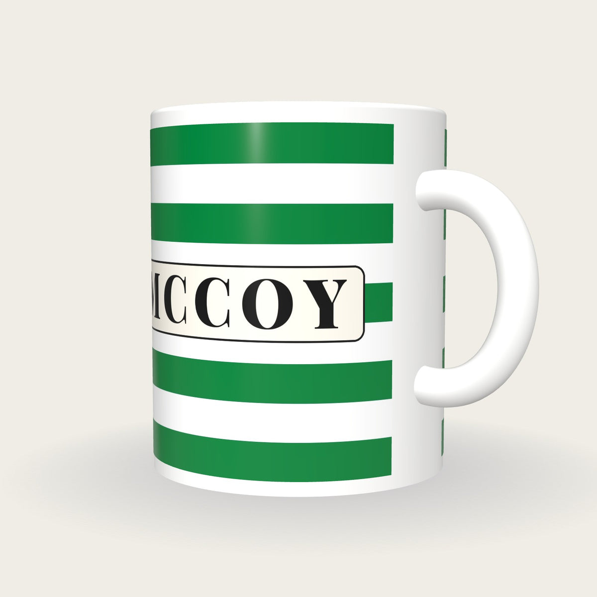 Personalised Emerald and White Hoops Jockey Silks Mug, three-quarter view