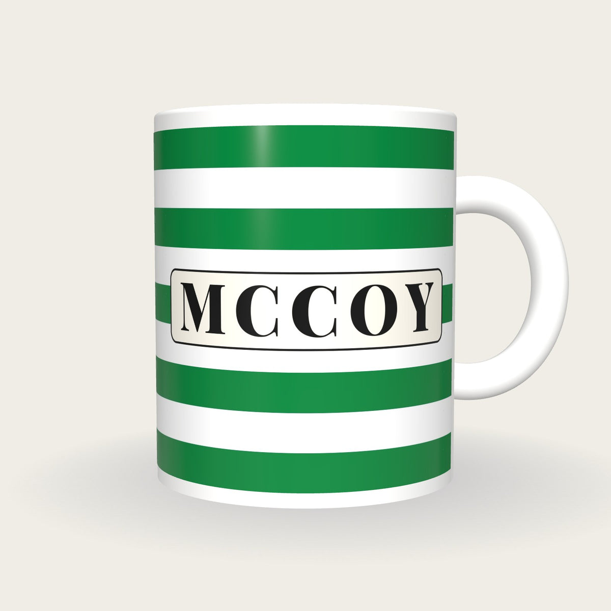 Personalised Emerald and White Hoops Jockey Silks Mug, front
