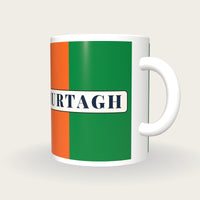 Personalised Green and Orange Halves Jockey Silks Mug, three-quarter view