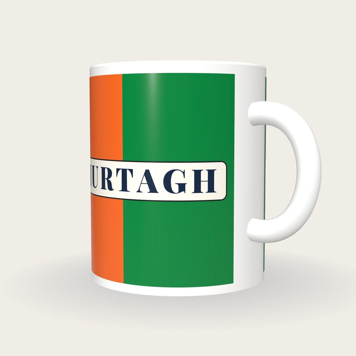 Personalised Green and Orange Halves Jockey Silks Mug, three-quarter view