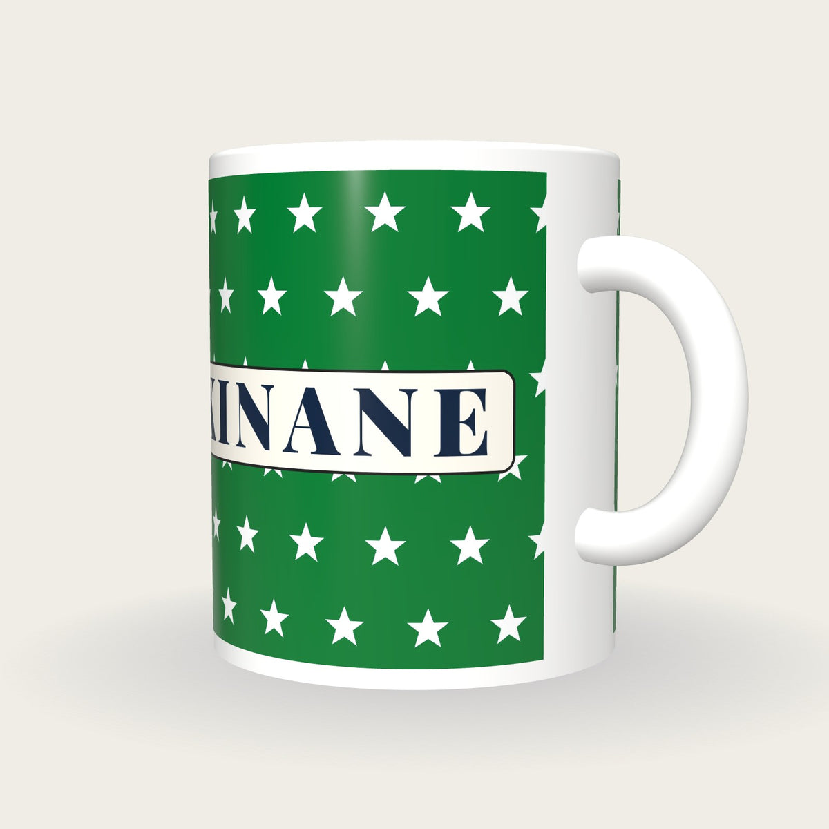 Personalised Green with White Stars Jockey Silks Mug, three-quarter view