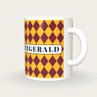 Personalised Maroon and Gold Diamonds Jockey Silks Mug, three-quarter view