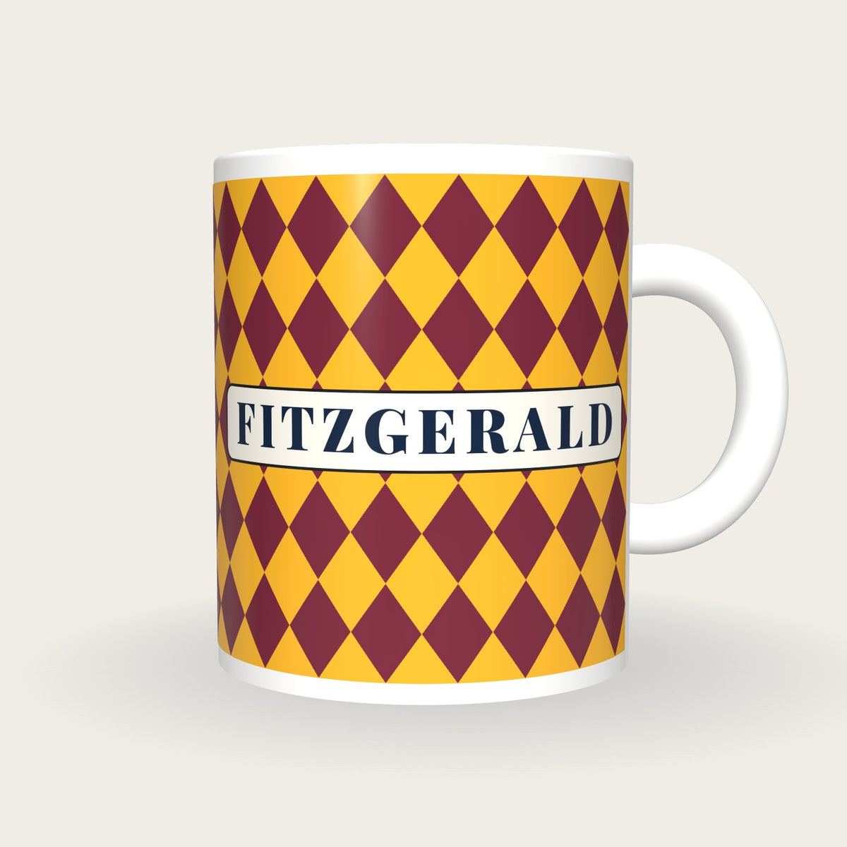 Personalised Maroon and Gold Diamonds Jockey Silks Mug, front
