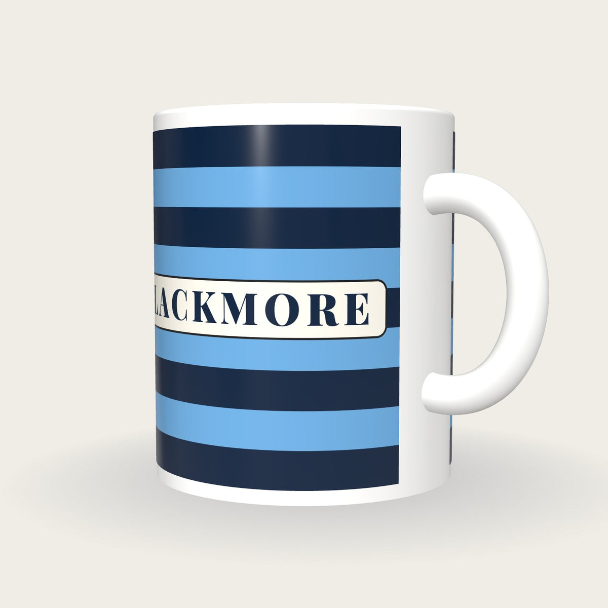 Personalised Navy and Sky Blue Hoops Jockey Silks Mug, three-quarter view