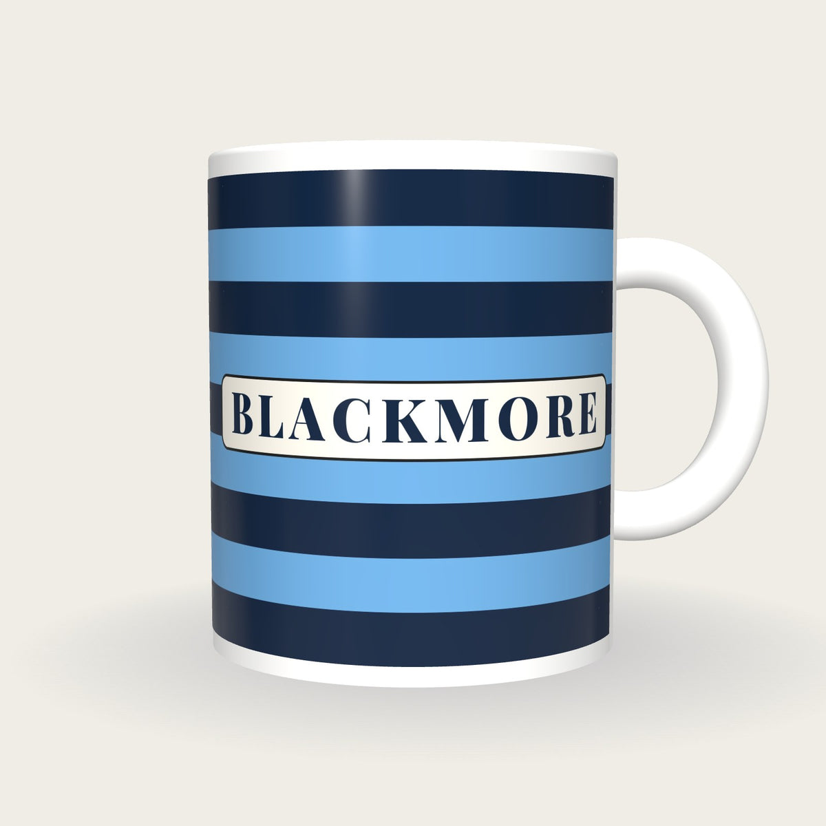 Personalised Navy and Sky Blue Hoops Jockey Silks Mug, front