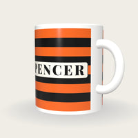 Personalised Orange and Black Hoops Jockey Silks Mug, three-quarter view