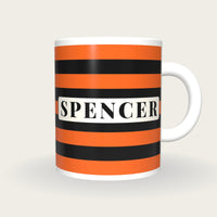 Personalised Orange and Black Hoops Jockey Silks Mug, front