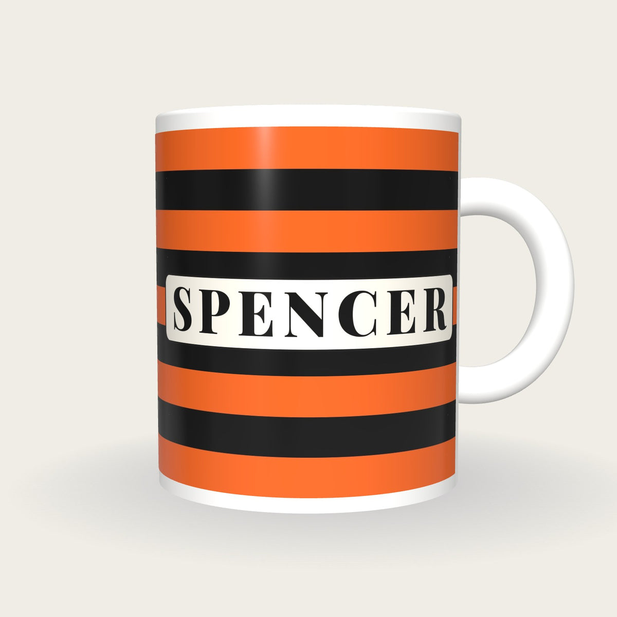 Personalised Orange and Black Hoops Jockey Silks Mug, front