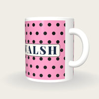 Personalised Pink with Black Spots Jockey Silks Mug, three-quarter view