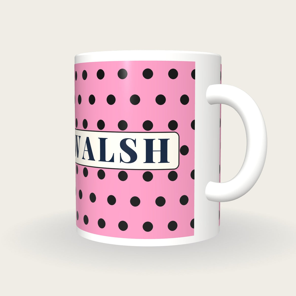 Personalised Pink with Black Spots Jockey Silks Mug, three-quarter view