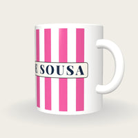 Personalised Pink and White Stripes Jockey Silks Mug, three-quarter view