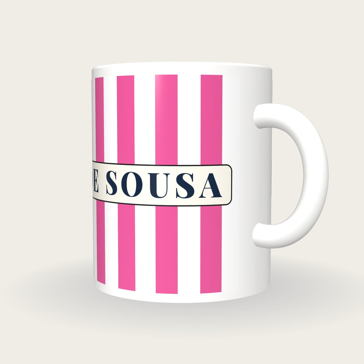 Personalised Pink and White Stripes Jockey Silks Mug, three-quarter view