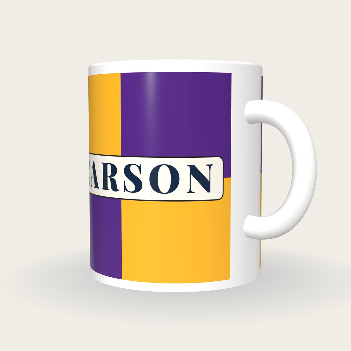 Personalised Purple and Gold Quarters Jockey Silks Mug, three-quarter view