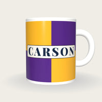 Personalised Purple and Gold Quarters Jockey Silks Mug, front