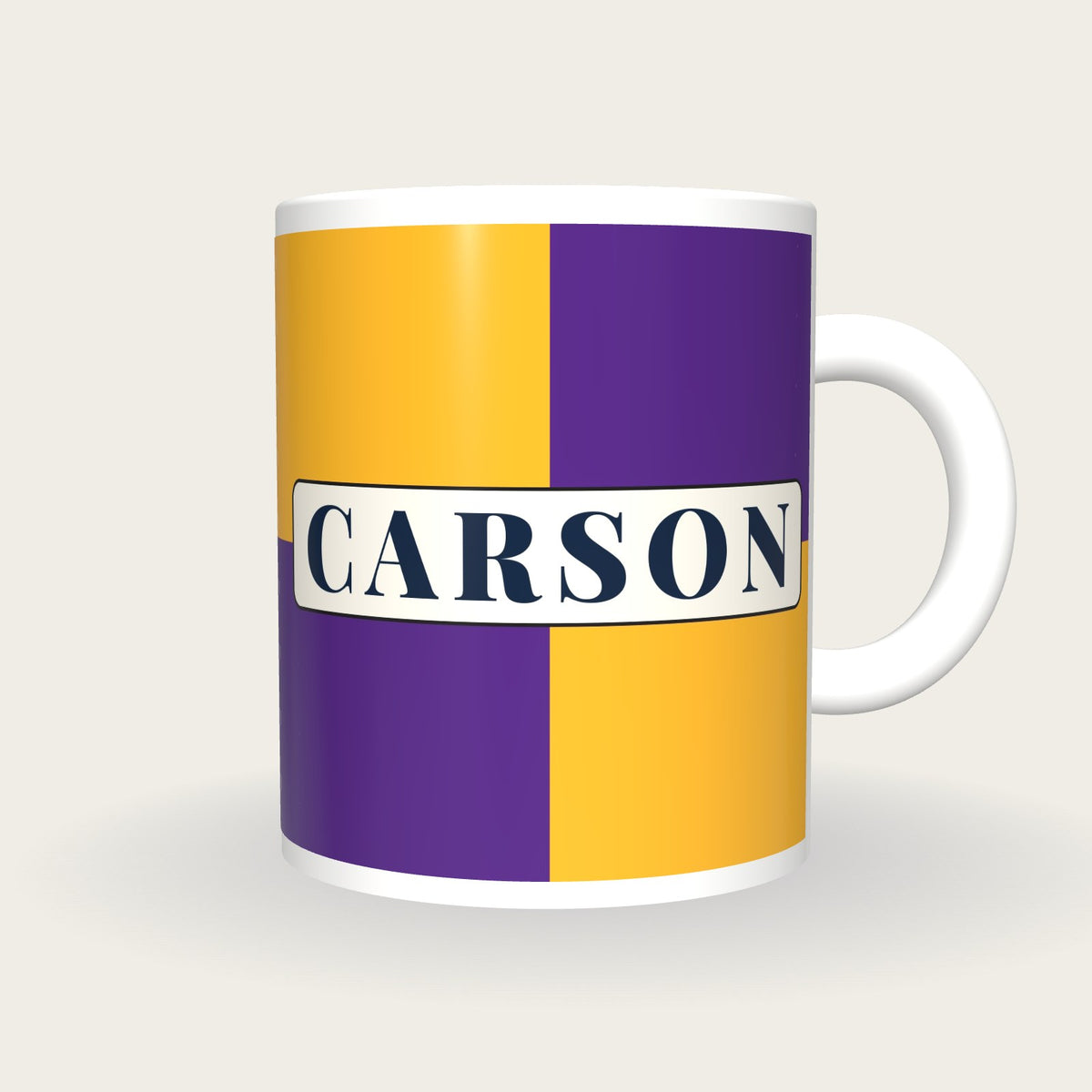 Personalised Purple and Gold Quarters Jockey Silks Mug, front