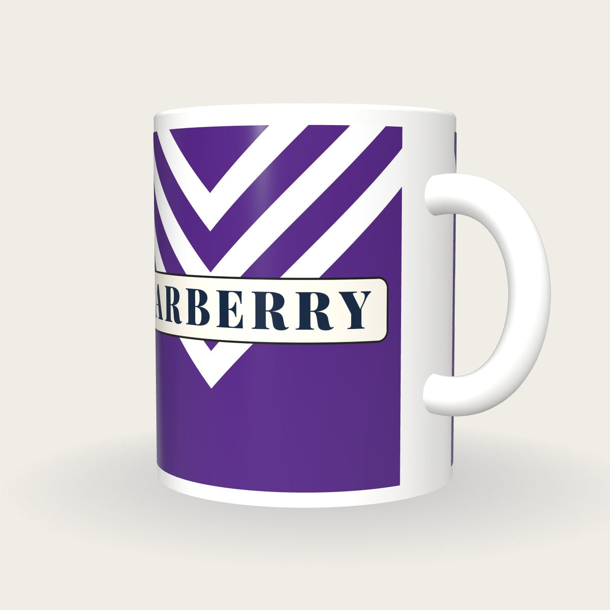 Personalised Purple and White Chevrons Jockey Silks Mug, three-quarter view