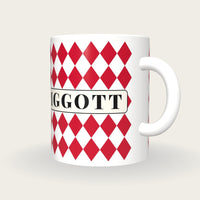 Personalised Red and White Diamonds Jockey Silks Mug, three-quarter view