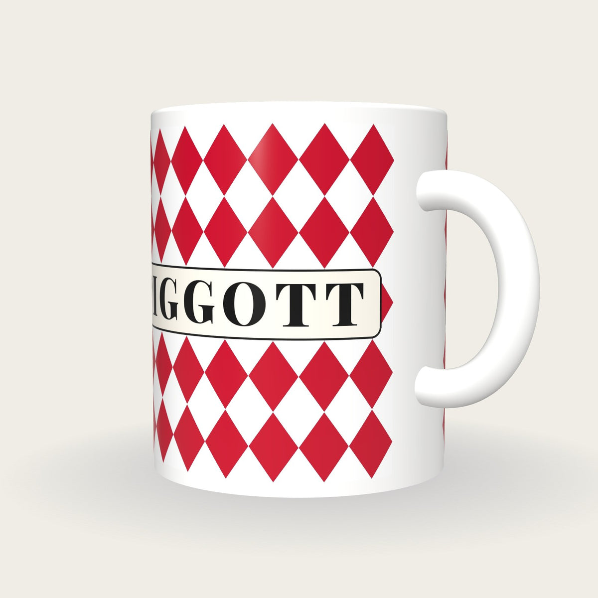 Personalised Red and White Diamonds Jockey Silks Mug, three-quarter view