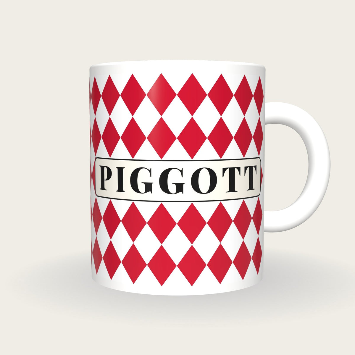 Personalised Red and White Diamonds Jockey Silks Mug, front