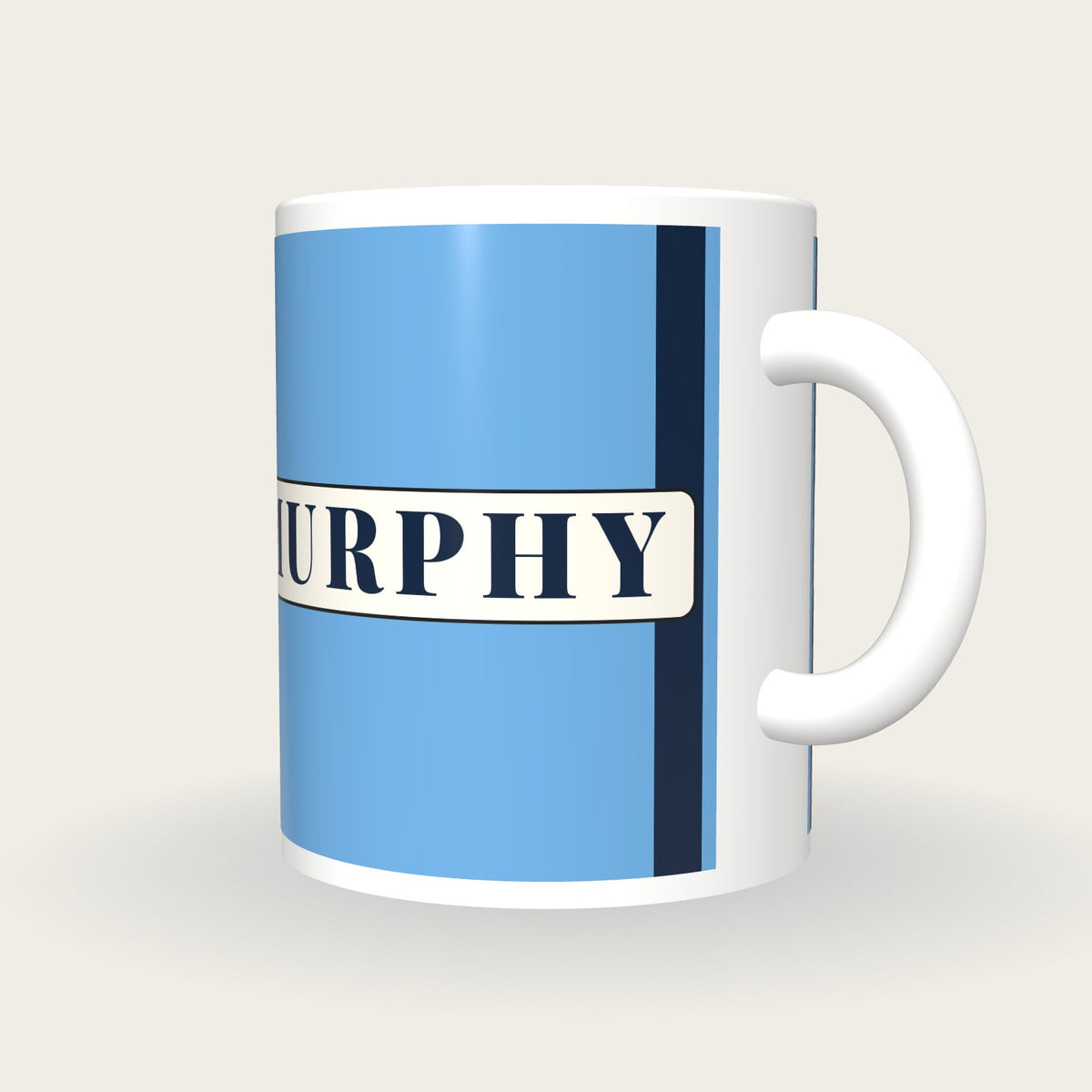 Personalised Sky Blue with Navy Braces Jockey Silks Mug, three-quarter view