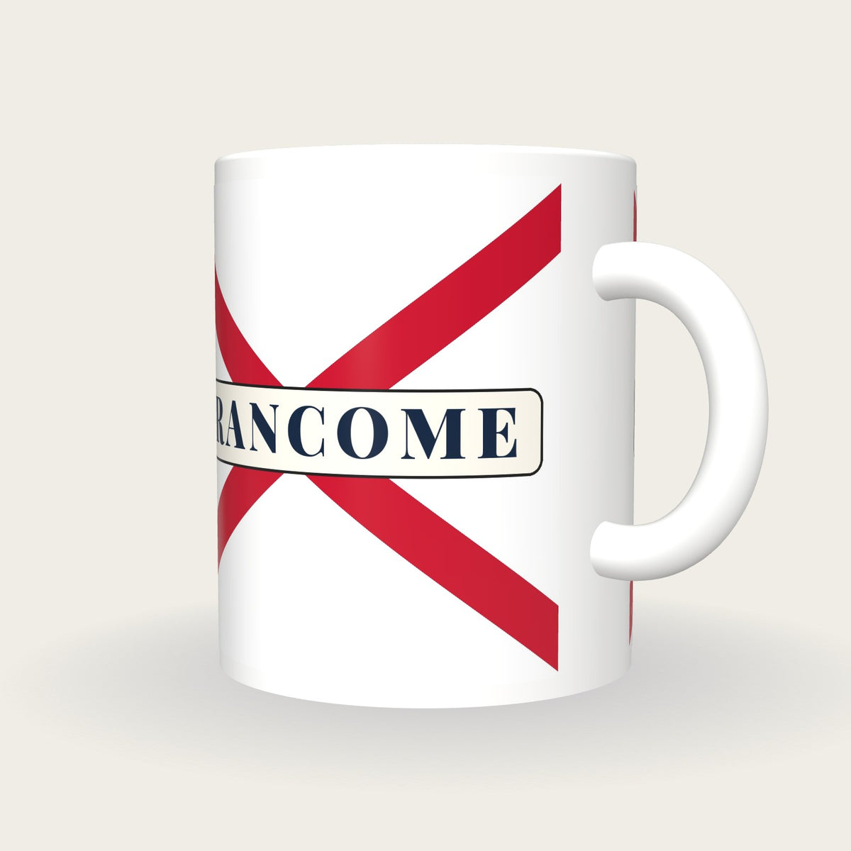 Personalised White with Red Cross-belts Jockey Silks Mug, three-quarter view