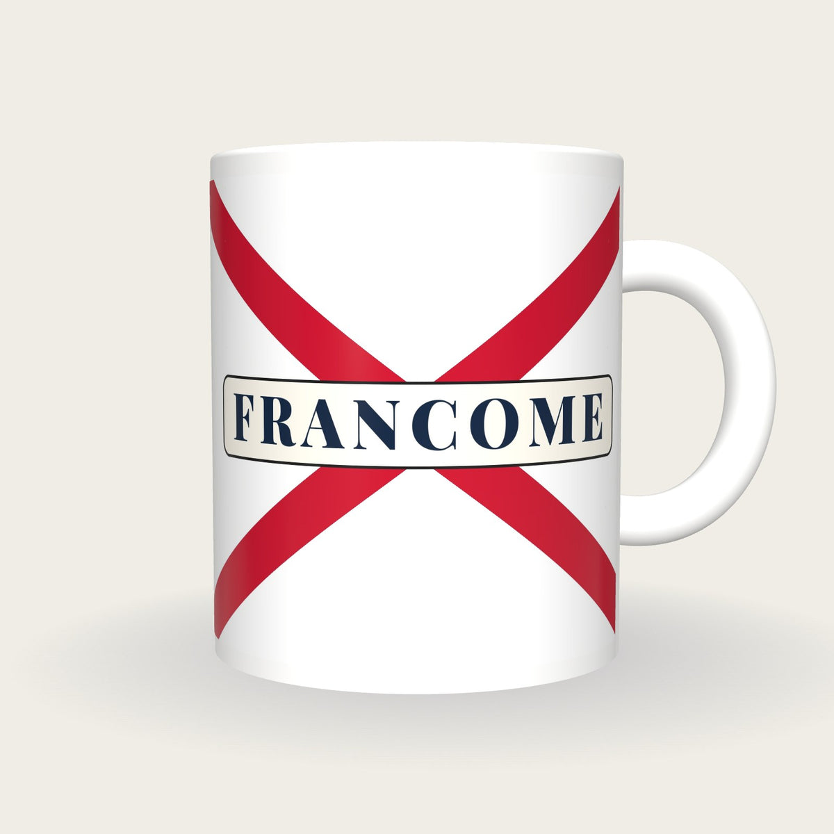 Personalised White with Red Cross-belts Jockey Silks Mug, front