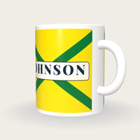 Personalised Yellow with Green Cross-belts Jockey Silks Mug, three-quarter view