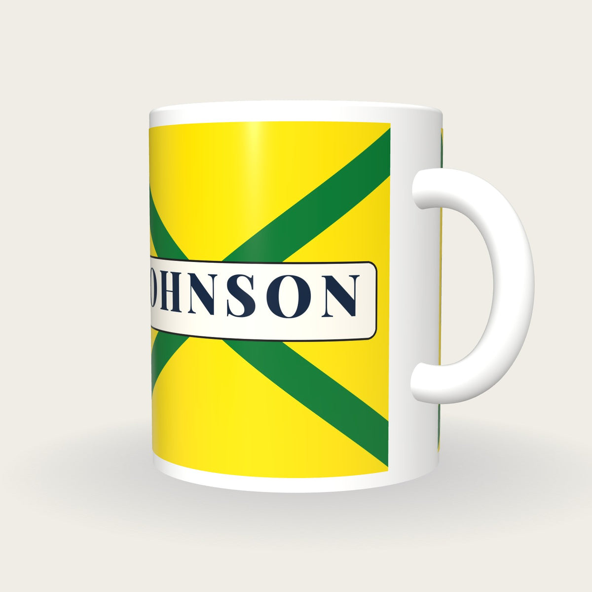 Personalised Yellow with Green Cross-belts Jockey Silks Mug, three-quarter view