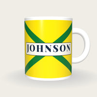 Personalised Yellow with Green Cross-belts Jockey Silks Mug, front