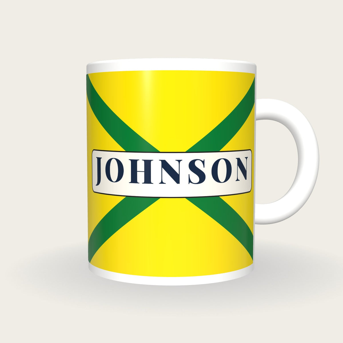 Personalised Yellow with Green Cross-belts Jockey Silks Mug, front