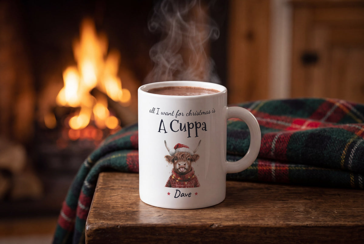Lifestyle: Personalised Christmas Highland Cow Mug, All I Want For Christmas Is A Cuppa