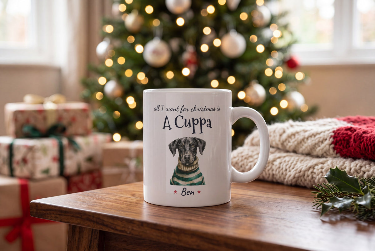 Lifestyle: Personalised Christmas Jumper Dog Mug, All I Want For Christmas Is A Cuppa