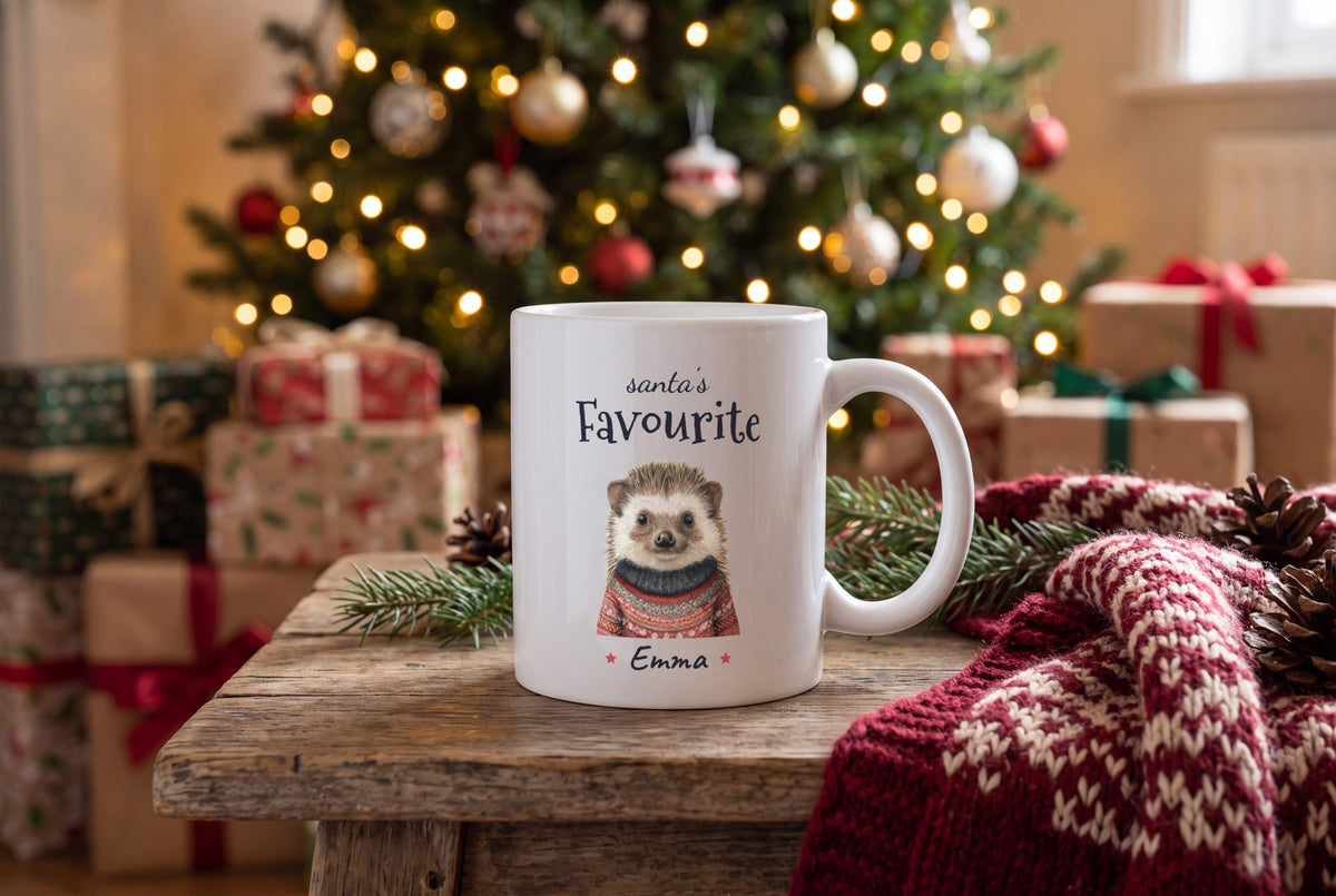 Lifestyle: Personalised Christmas Jumper Hedgehog Mug, Santa's Favourite