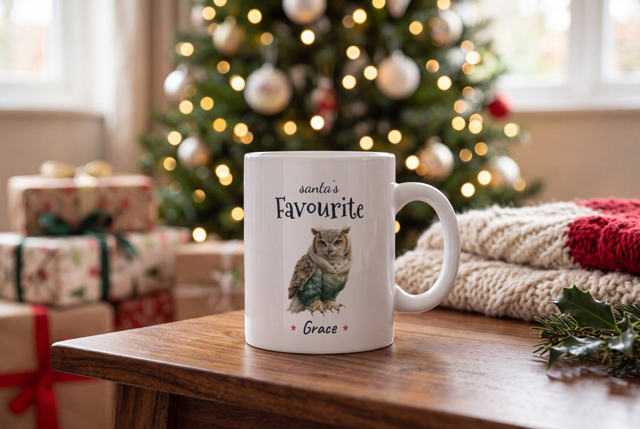 Lifestyle: Personalised Christmas Jumper Owl Mug, Santa's Favourite
