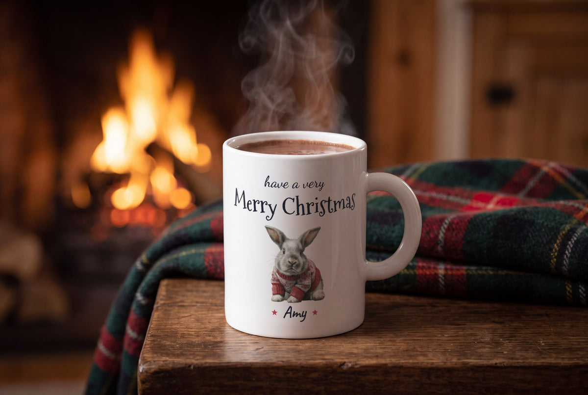 Lifestyle: Personalised Christmas Jumper Rabbit Mug, Merry Christmas